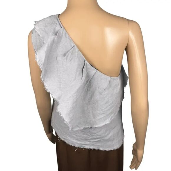 Gray Zara Linen Asymmetrical One Shoulder Ruffle Raw Hem Boho Blouse Top (NWT) - Picture 7 of 8